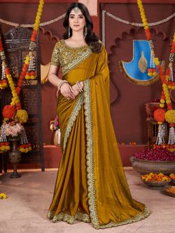 PMD FASHION - Women Mustard Silk Blend Saree with Unstitched Blouse Piece