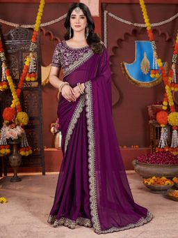 PMD FASHION - Women Purple Silk Blend Saree with Unstitched Blouse Piece