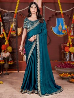 PMD FASHION - Women Turquoise Silk Blend Saree with Unstitched Blouse Piece