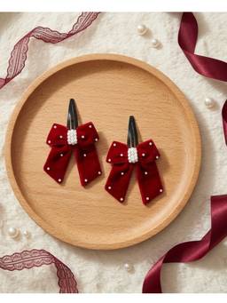 Ribbon Candy - Elegant Velvet Bow On Tic-Tac Pins With Pearls - Red (Pack of 2)