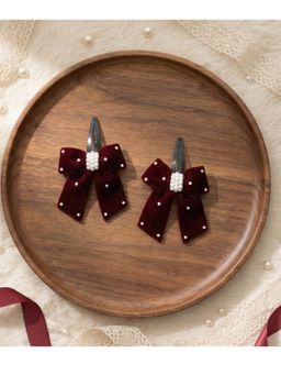 Ribbon Candy - Elegant Velvet Bow On Tic-Tac Pins With Pearls - Maroon (Pack of 2)