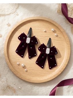 Ribbon Candy - Elegant Velvet Bow On Tic-Tac Pins With Pearls - Burgundy (Pack of 2)