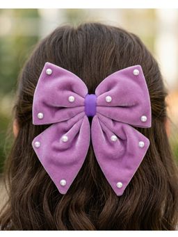 Ribbon Candy - Velvet Party Bow On Alligator Clip With Pearls - Purple