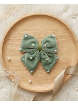 Ribbon Candy - Velvet Party Bow On Alligator Clip With Pearls - Olive Green