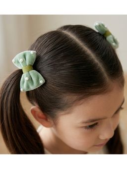 Ribbon Candy - Velvet Bow On Rubberbands With Pearls - Olive Green (Pack of 2)