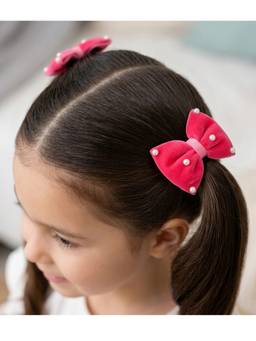 Ribbon Candy - Velvet Bow On Rubberbands With Pearls - Rose Pink (Pack of 2)