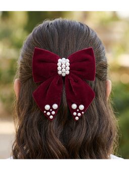 Ribbon Candy - Velvet Bow With Pearl Detailing On Alligator Clip - Maroon