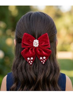 Ribbon Candy - Velvet Bow With Pearl Detailing On Alligator Clip - Red