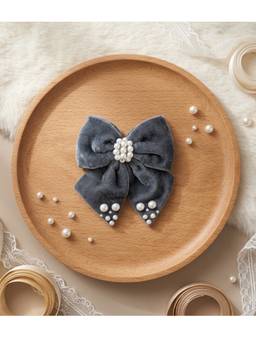Ribbon Candy - Velvet Bow With Pearl Detailing On Alligator Clip - Grey