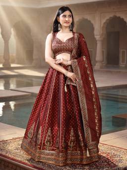 HOUSE OF PURVAJA - Women Silk Blend Crepe Maroon Stitched Lehenga with Blouse and Dupatta