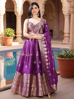 HOUSE OF PURVAJA - Women Silk Blend Crepe Purple Stitched Lehenga with Blouse and Dupatta