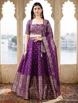 HOUSE OF PURVAJA - Women Silk Blend Crepe Purple Stitched Lehenga with Blouse and Dupatta