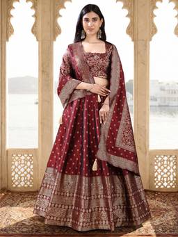HOUSE OF PURVAJA - Women Silk Blend Crepe Maroon Stitched Lehenga with Blouse and Dupatta