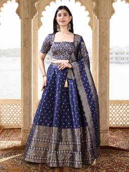 HOUSE OF PURVAJA - Women Silk Blend Crepe Navy Blue Stitched Lehenga with Blouse and Dupatta