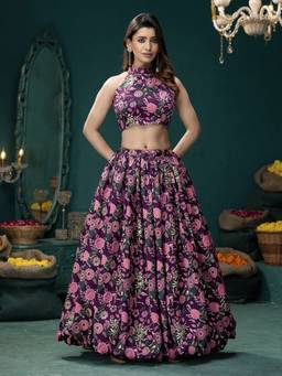 HOUSE OF PURVAJA - Women Silk Blend Crepe Purple Stitched Lehenga with Blouse and Dupatta