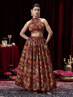 HOUSE OF PURVAJA - Women Silk Blend Crepe Red Stitched Lehenga with Blouse and Dupatta