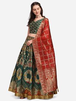 HOUSE OF PURVAJA - Women Jacquard Woven Green Stitched Lehenga with Blouse and Dupatta