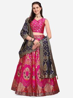 HOUSE OF PURVAJA - Women Jacquard Woven Pink Stitched Lehenga with Blouse and Dupatta