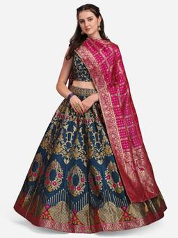 HOUSE OF PURVAJA - Women Jacquard Woven Teal Stitched Lehenga with Blouse and Dupatta