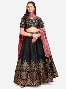 HOUSE OF PURVAJA - Women Jacquard Woven Black Stitched Lehenga with Blouse and Dupatta
