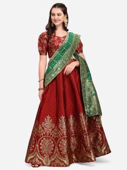 HOUSE OF PURVAJA - Women Jacquard Woven Maroon Stitched Lehenga with Blouse and Dupatta