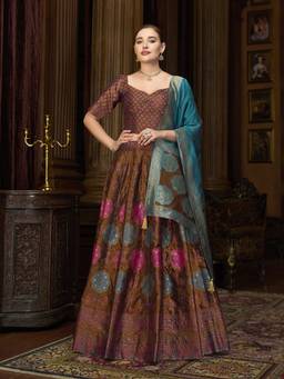 HOUSE OF PURVAJA - Women Brown Kanjivaram Stitched Lehenga with Blouse and Dupatta