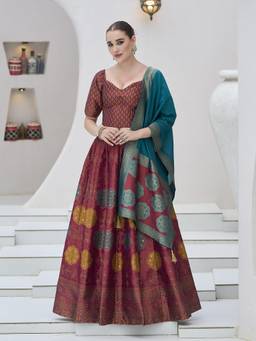 HOUSE OF PURVAJA - Women Red Kanjivaram Stitched Lehenga with Blouse and Dupatta