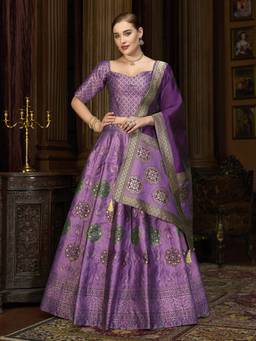 HOUSE OF PURVAJA - Women Purple Kanjivaram Stitched Lehenga with Blouse and Dupatta