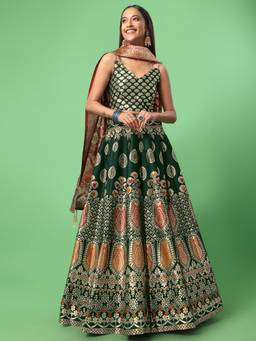 HOUSE OF PURVAJA - Women Jacquard Woven Green Stitched Lehenga with Blouse and Dupatta