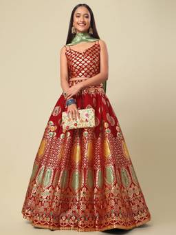 HOUSE OF PURVAJA - Women Jacquard Maroon Green Stitched Lehenga with Blouse and Dupatta