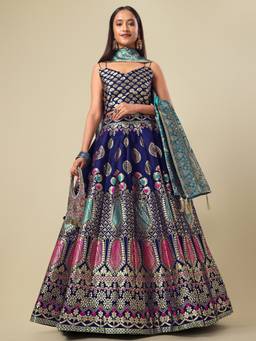 HOUSE OF PURVAJA - Women Jacquard Woven Navy Blue Stitched Lehenga with Blouse and Dupatta