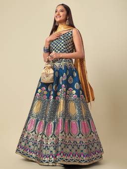 HOUSE OF PURVAJA - Women Jacquard Woven Teal Stitched Lehenga with Blouse and Dupatta
