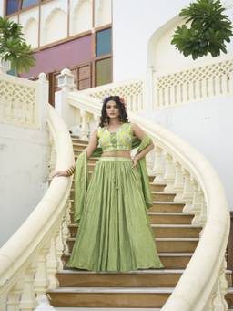 HOUSE OF PURVAJA - Women Green Embroidered Silk Stitched Lehenga with Blouse and Dupatta