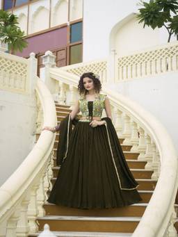 HOUSE OF PURVAJA - Women Olive Embroidered Silk Stitched Lehenga with Blouse and Dupatta