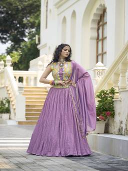 HOUSE OF PURVAJA - Women Purple Embroidered Silk Stitched Lehenga with Blouse and Dupatta
