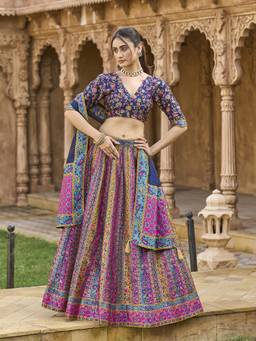 HOUSE OF PURVAJA - Women Navy Blue Jacquard Stitched Lehenga with Blouse and Dupatta