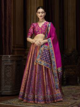 HOUSE OF PURVAJA - Women Pink Jacquard Stitched Lehenga with Blouse and Dupatta