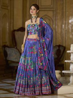HOUSE OF PURVAJA - Women Blue Printed Stitched Lehenga with Blouse and Dupatta