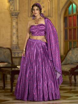 HOUSE OF PURVAJA - Women Magenta Printed Stitched Lehenga with Blouse and Dupatta