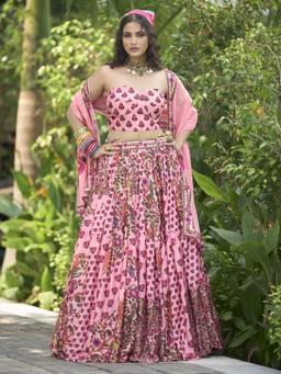 HOUSE OF PURVAJA - Women Pink Printed Stitched Lehenga with Blouse and Dupatta