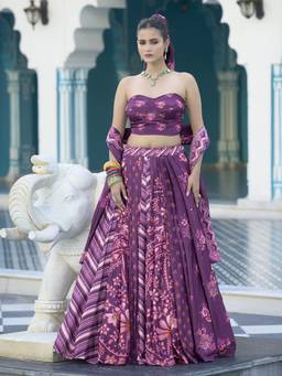 HOUSE OF PURVAJA - Women Purple Printed Stitched Lehenga with Blouse and Dupatta