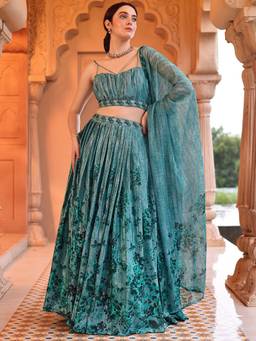 HOUSE OF PURVAJA - Women Chinon Printed Green Stitched Lehenga with Blouse and Dupatta