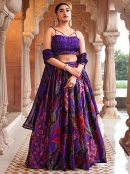 HOUSE OF PURVAJA - Women Chinon Printed Purple Stitched Lehenga with Blouse and Dupatta