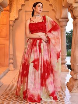 HOUSE OF PURVAJA - Women Chinon Printed Red Stitched Lehenga with Blouse and Dupatta