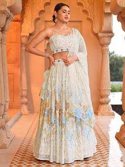 HOUSE OF PURVAJA - Women Chinon Printed Yellow Stitched Lehenga with Blouse and Dupatta