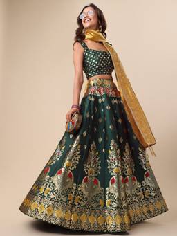 HOUSE OF PURVAJA - Women Jacquard Woven Green Stitched Lehenga with Blouse and Dupatta