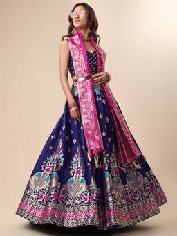 HOUSE OF PURVAJA - Women Jacquard Woven Navy Blue Stitched Lehenga with Blouse and Dupatta