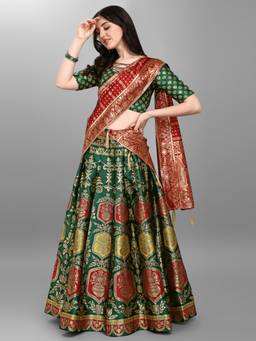 HOUSE OF PURVAJA - Women Jacquard Woven Green Stitched Lehenga with Blouse and Dupatta