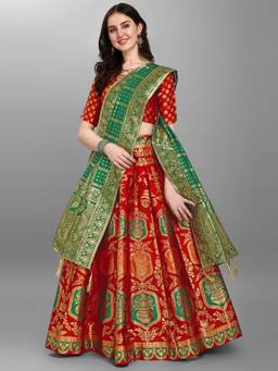 HOUSE OF PURVAJA - Women Jacquard Woven Red Stitched Lehenga with Blouse and Dupatta