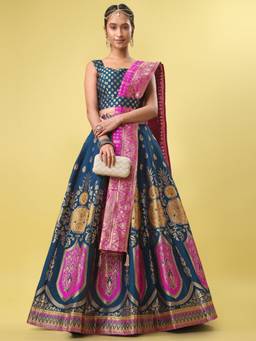 HOUSE OF PURVAJA - Women Jacquard Woven Teal Stitched Lehenga with Blouse and Dupatta